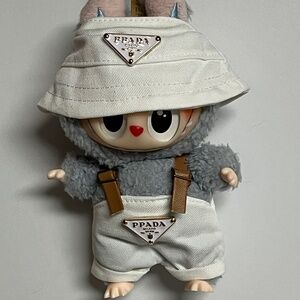 Designer Overalls Bucket Hat 2 Piece Outfit For Labubu White